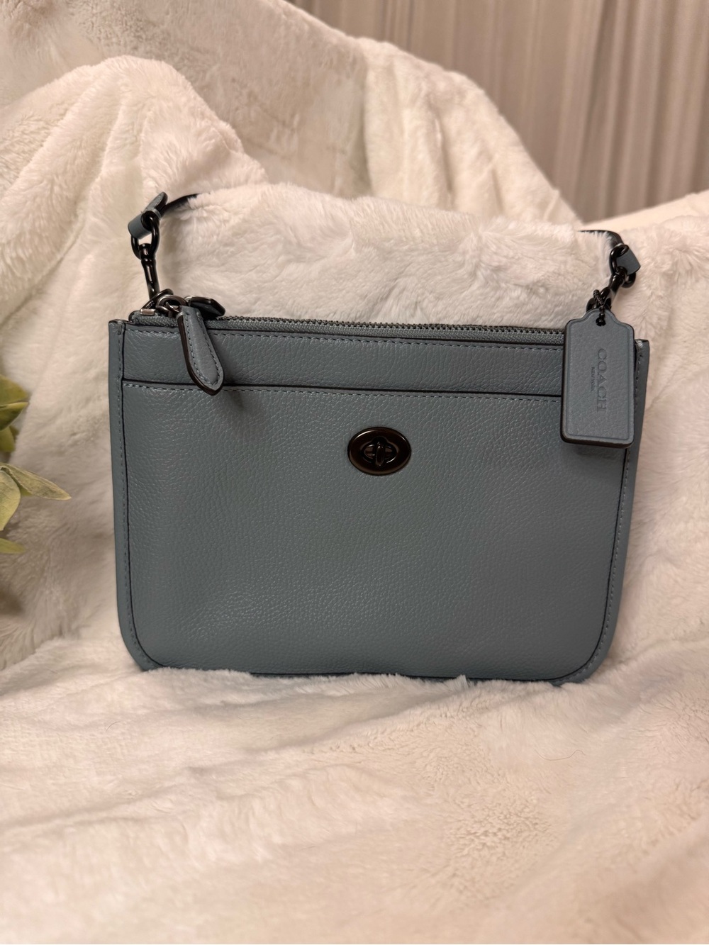 Coach Pebble Leather Turnlock Crossbody – Dusty Blue Gray